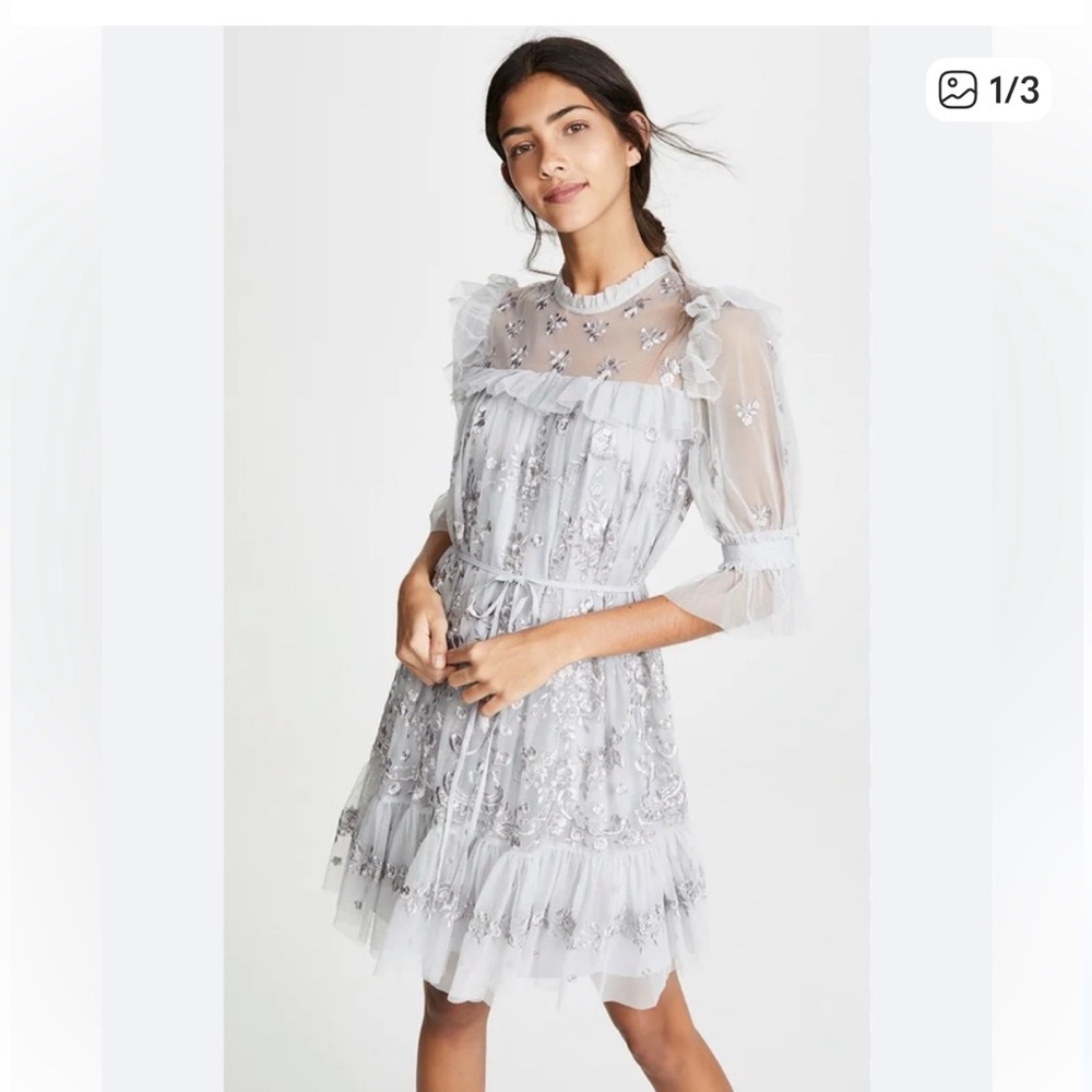 Needle & Thread Gray Floral embroidered lace ruffle Mini cocktail Dress size 14